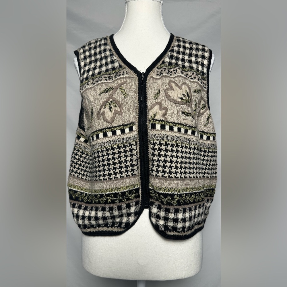 SIGRID OLSEN Vintage Cotton Cottage Embroidered Checkered Zip Knit Vest Size XL